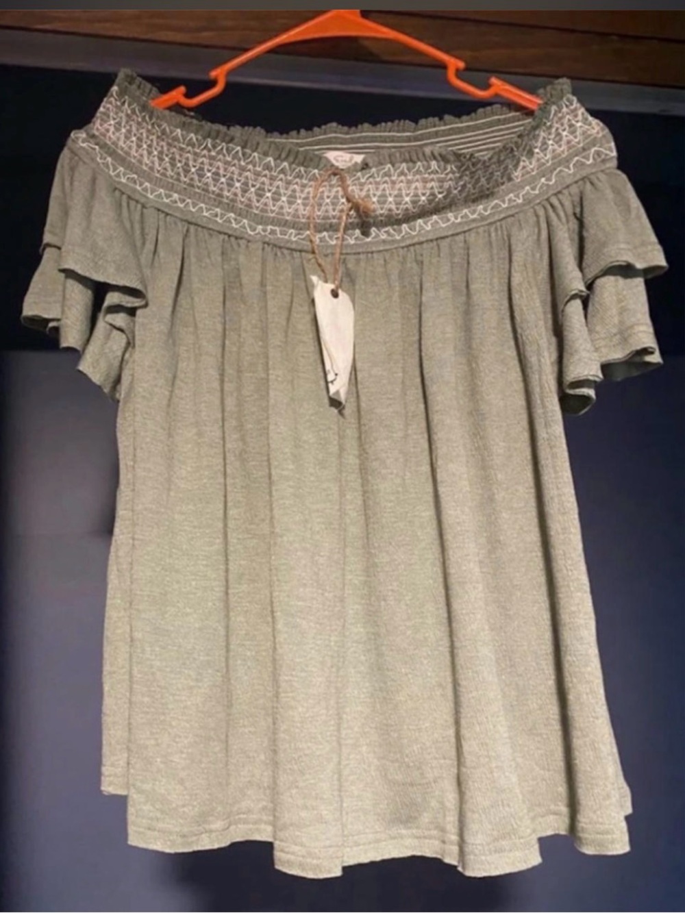 Smocked Off-Shoulder Blouse in Olive Green